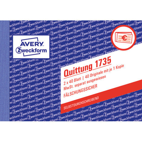 AVERY Quittung A6 quer 2 x 40 Blatt, MwSt. separat